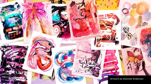 mixed media painting paper pieces pink red blue 
